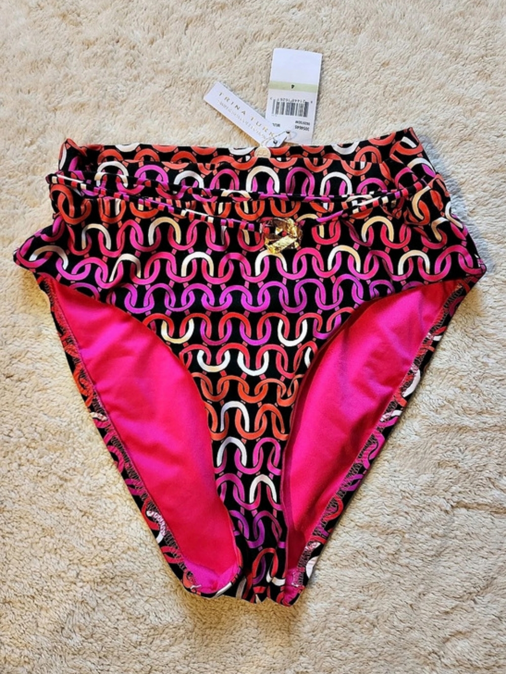 Trina Turk Echo Belted High Waist Bikini Bottom Pink & Black
